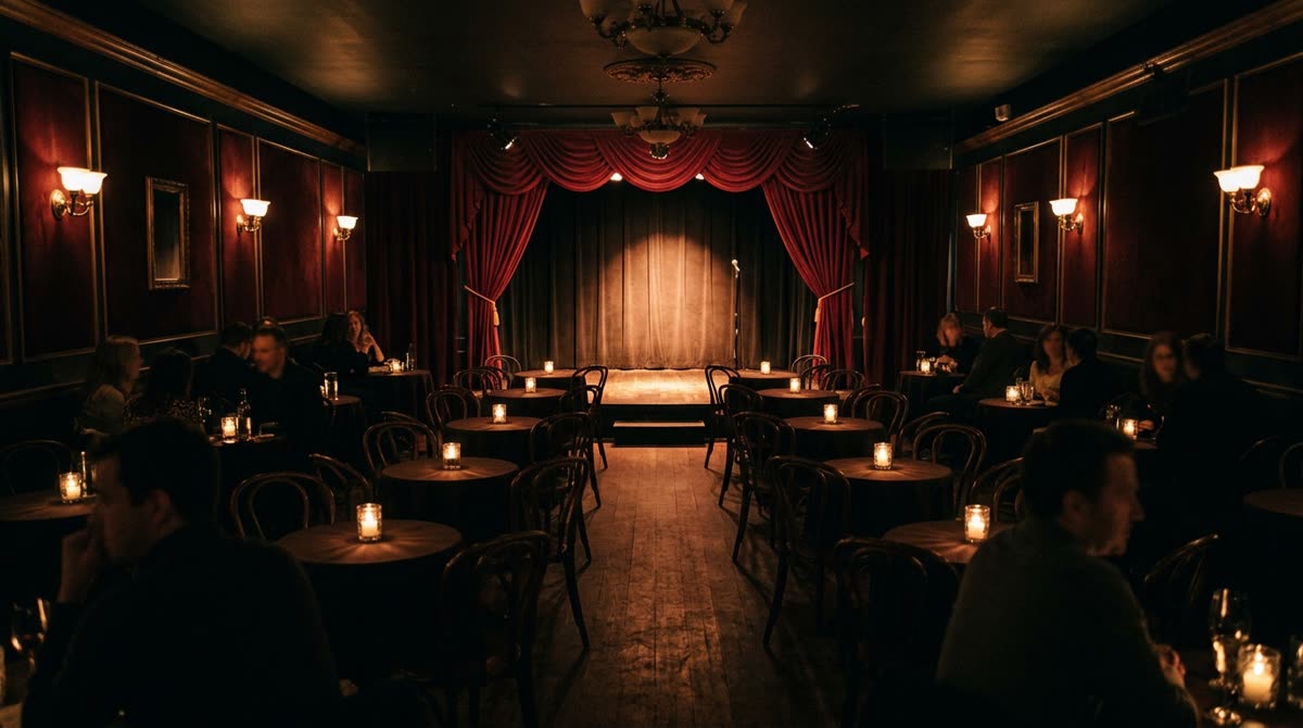 Wide view of a small cabaret room with candlelit tables facing a curtained stage.