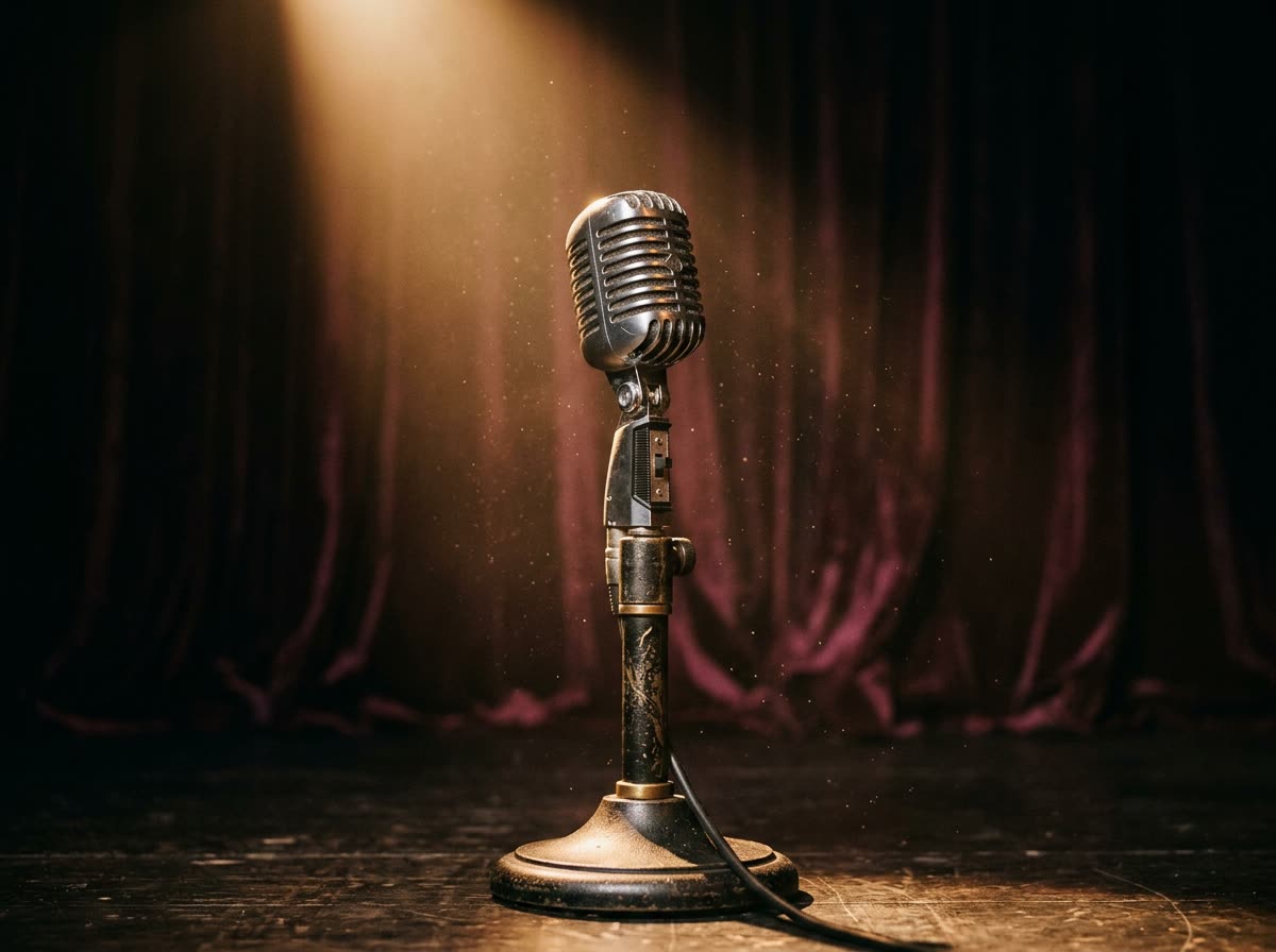 Close view of a vintage microphone on a stand lit by a warm spotlight.