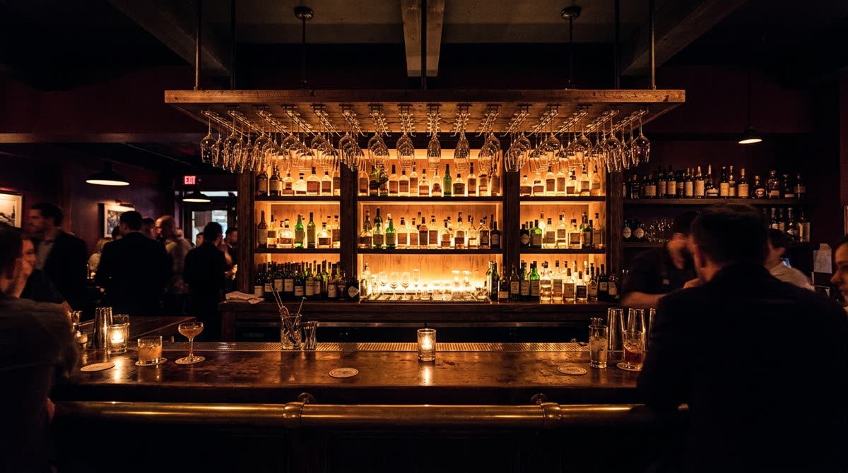 Wide view of a dark backbar with bottle shelves, hanging wine glasses and a brass rail.