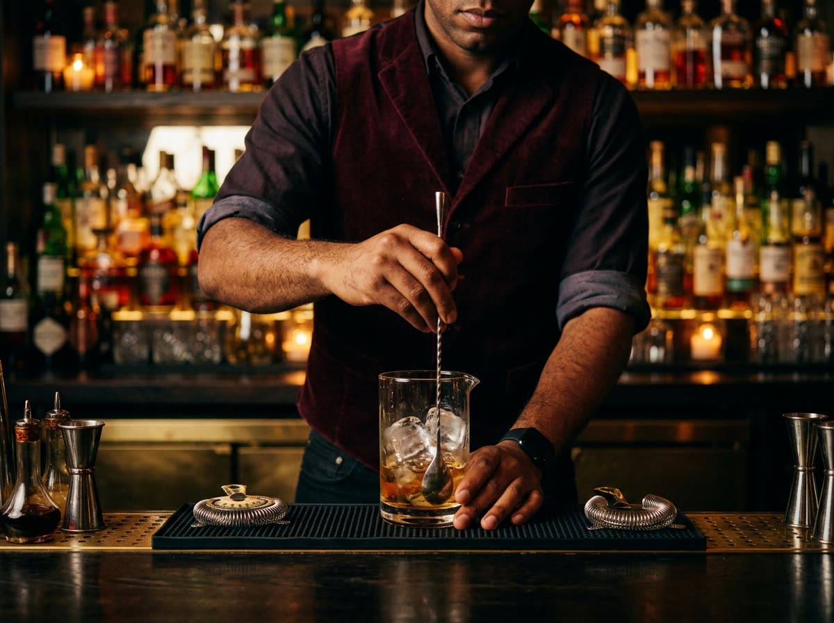 A bartender stirs a mixing glass behind the bar with the head out of frame.
