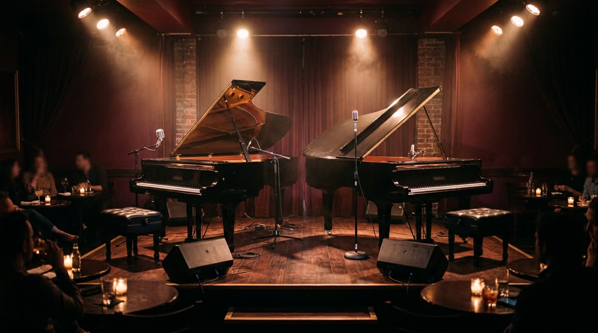 Wide view of two grand pianos facing each other on a small stage under warm spotlights.