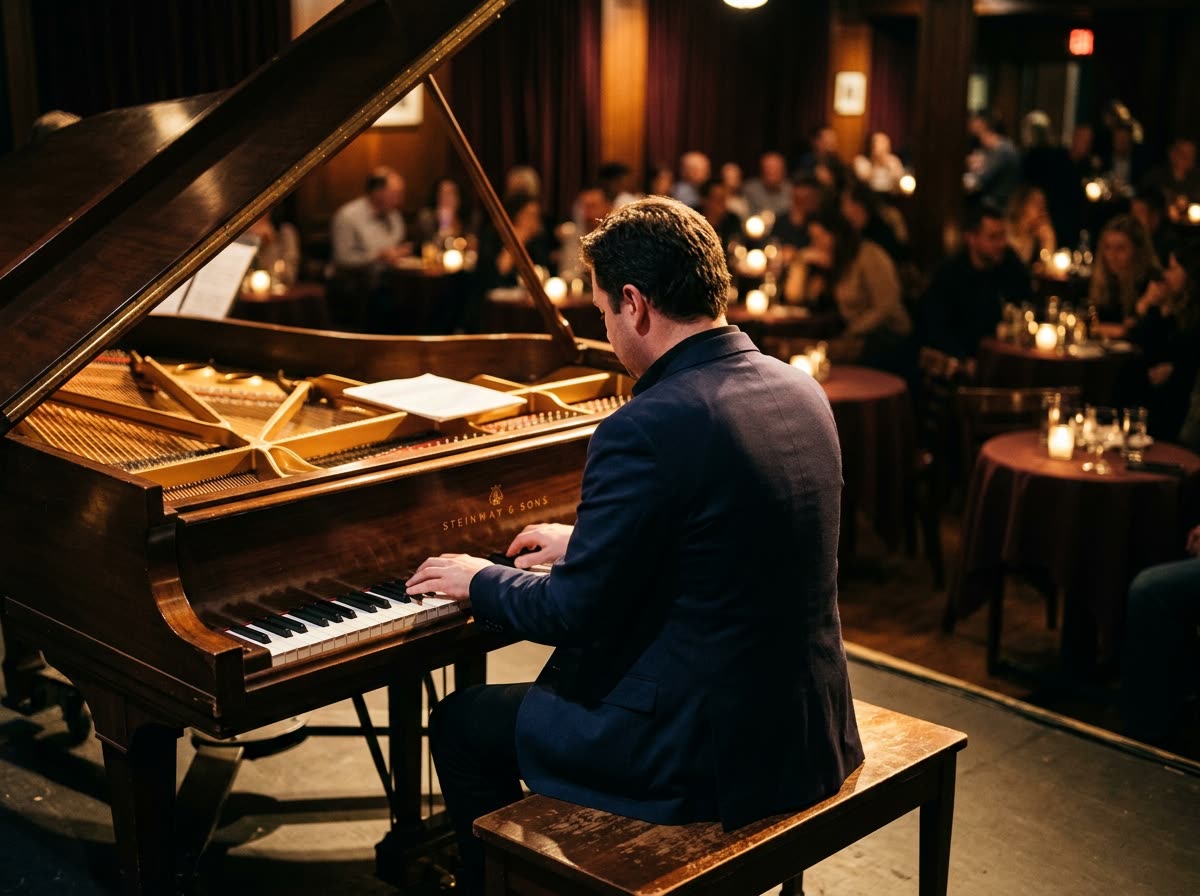 A pianist plays facing the room, seen from behind over the shoulder.