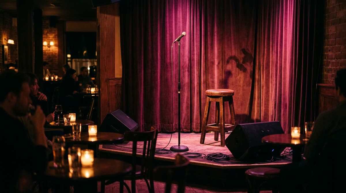 Wide view of a stage corner set with a mic stand and monitor speaker under colored lights.