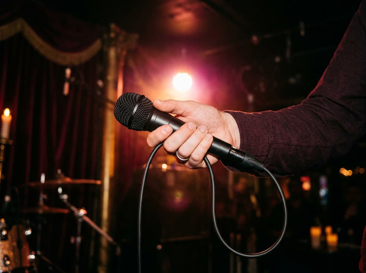 Close view of a hand gripping a handheld microphone with its cable coiled below.