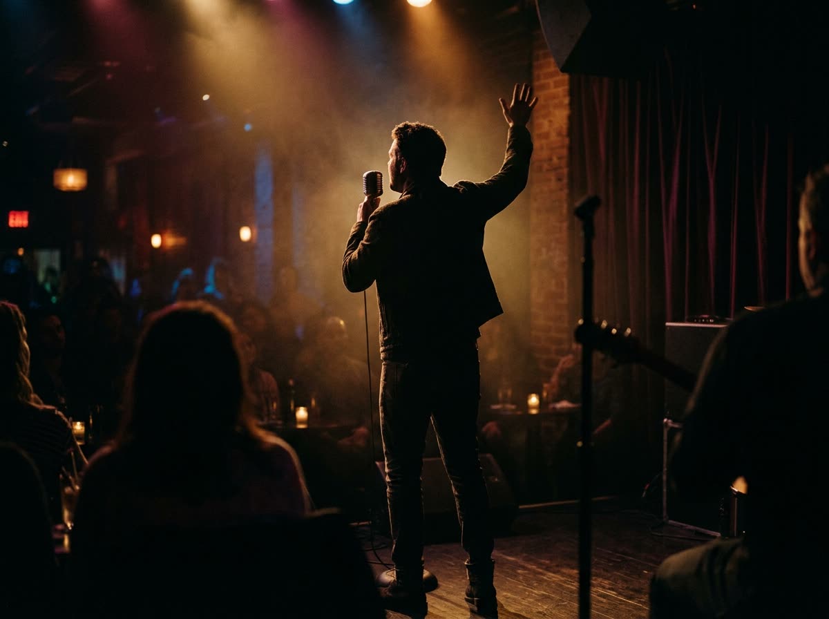 A person sings into a microphone on stage, seen from behind in silhouette.