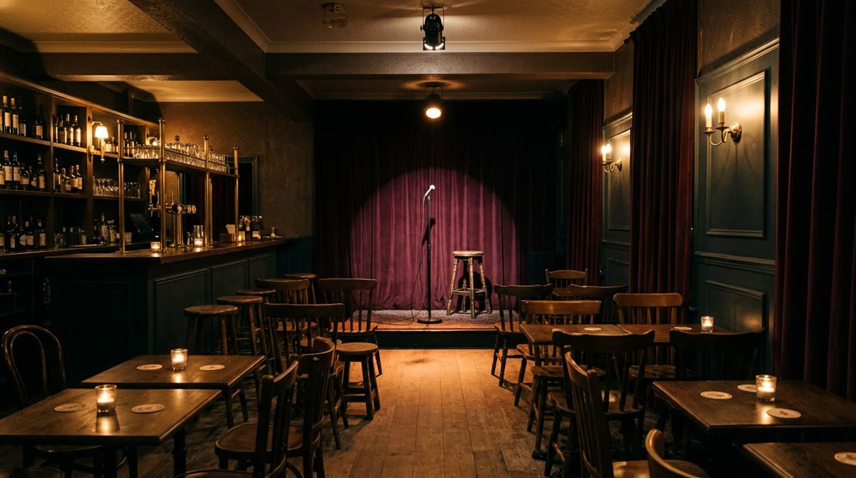 Wide view of a bar room with a lone mic stand and stool under a single warm spotlight.