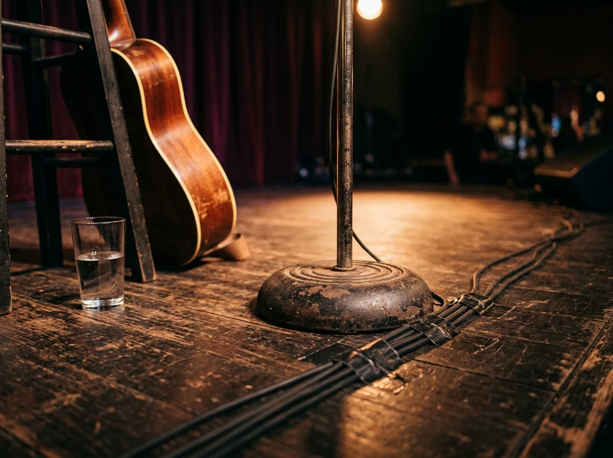 Close view of a mic stand base, taped cables and a guitar leaning on a stool.