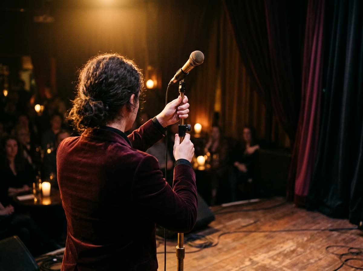 A person steps up to the mic and adjusts the stand, seen from behind.
