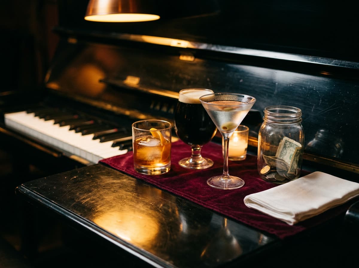 Close view of drinks and a plain jar resting on the closed edge of a piano lid.