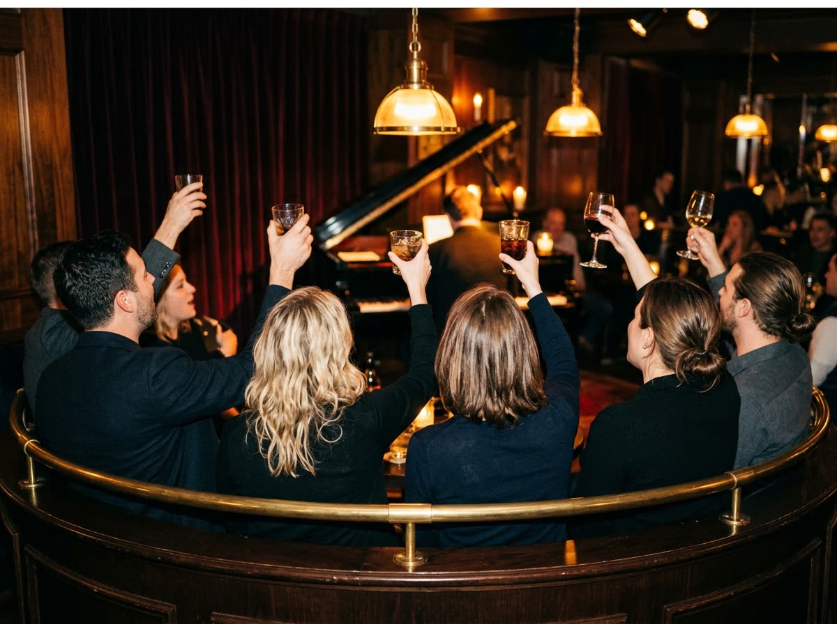 People seated around the piano rail sing along, seen from behind.