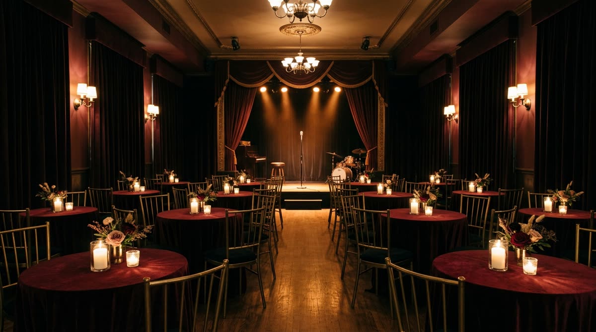 Wide view of an empty cabaret room with dressed tables and candles facing a lit stage.