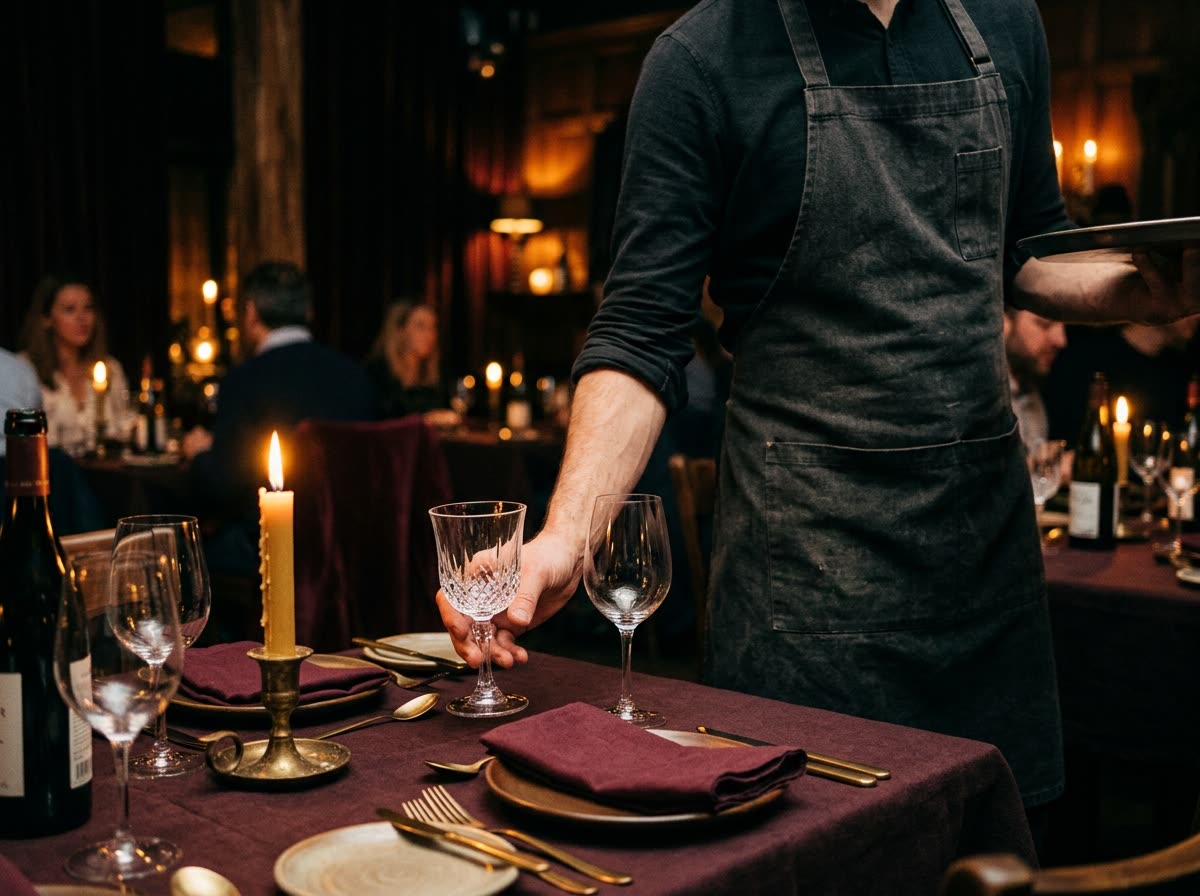 A staff member in an apron places glassware on a table with the face out of frame.